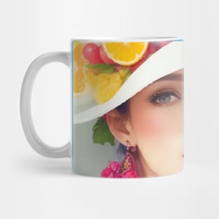 А woman with a white hat and some colorful fruity Mug